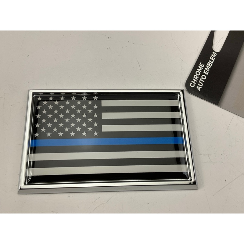 Standard Police Flag Thin Blue Line Chrome Auto Emblem 3.25'' X 2.125'' X .125